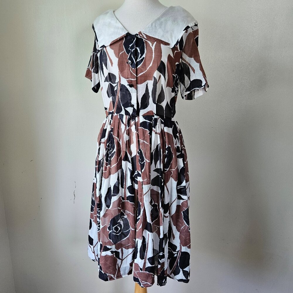 L'Aiglon Vintage 50s 60s Lightweight Cotton Brown Black Floral Day Dress L‎